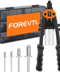 Quarter Inch Pop Rivet Gun Kit With 210 Blind Rivets And Five Tool Free Interchangeable Heads for Quick Repairs shown with case and handles.