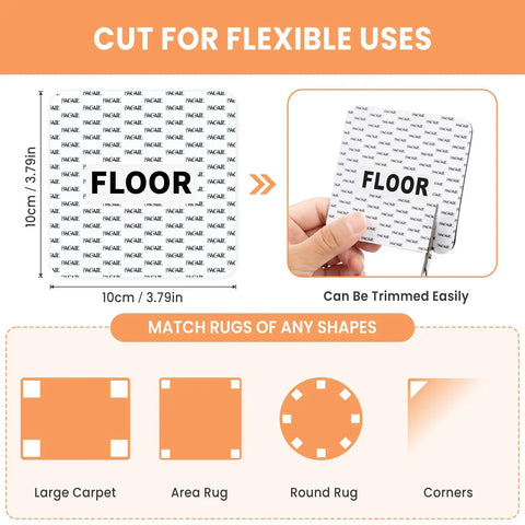 Diagram showing No Slip Rug Corner Grips 4 Pcs For Hardwood Floors And Tile, highlighting cut flexibility and various rug shapes.