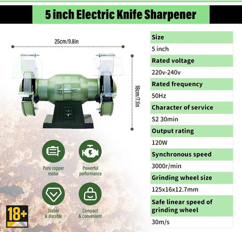 5 inch Electric Knife Sharpener with dual grinding wheels, compact design for fast sharpening, showcases 120W motor and stable performance.