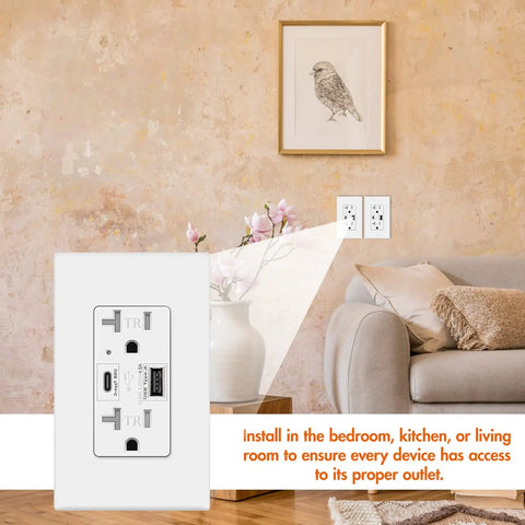 Dual USB C And USB A Wall Outlet With 4.8A 24W Quick Charge Receptacle 20 Amp Commercial Grade Tamper Resistant UL Listed in living room