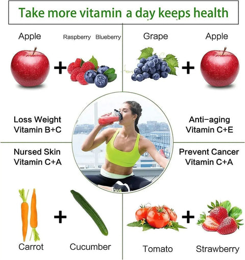Collage showing woman drinking smoothie with images of fruits and veggies like apples, grapes, and carrots for vitamin benefits.
