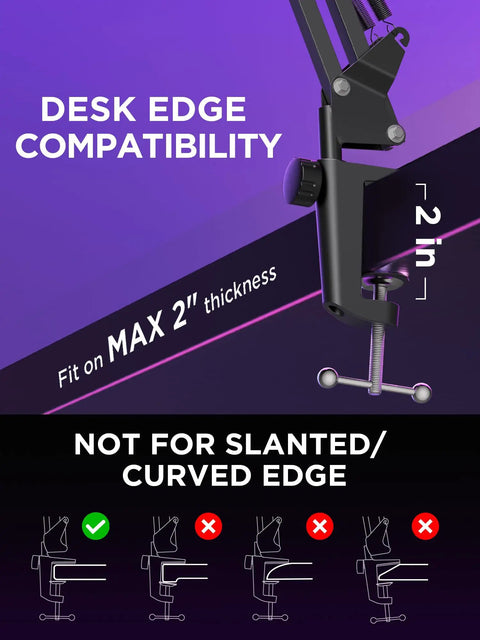 Versatile Mic Boom Arm Stand With Shock Mount Windscreen Pop Filter Clip Holder And Cable Ties, fits max 2-inch desk edge