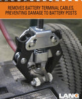Lang Tools 202 Battery Terminal Puller gripping a terminal post to remove battery cables, heavy duty design for auto use.