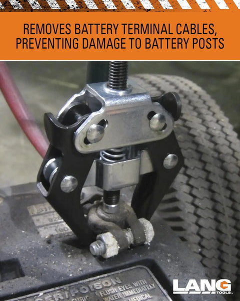 Lang Tools 202 Battery Terminal Puller gripping a terminal post to remove battery cables, heavy duty design for auto use.