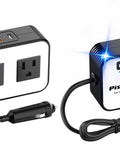 200W DC 12V To 110V AC Car Power Inverter Pack Of 2 Featuring 20W USB C And 18W Fast Charging Dual USB Ports with two AC outlets.