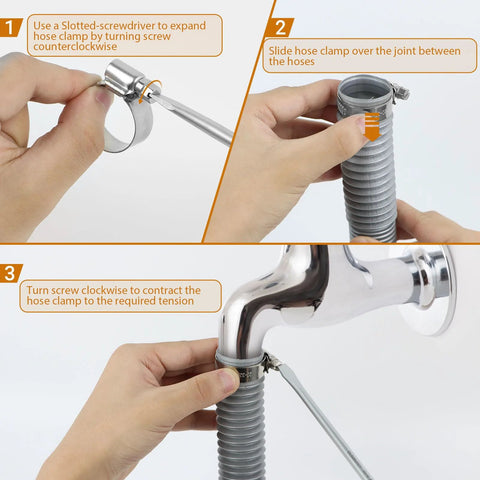 Set of 14 stainless steel hose clamps, size #4, for 3/8–5/8 in hoses; worm-gear clamps with installation steps.