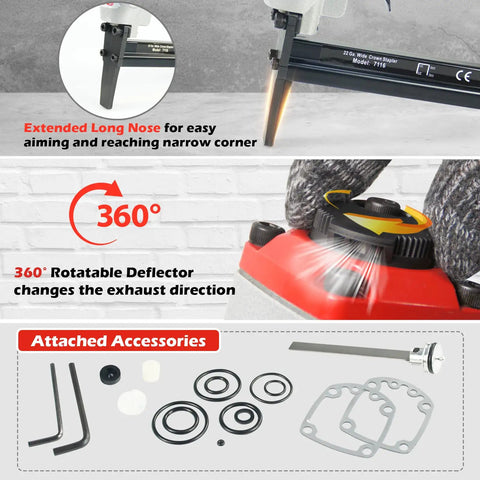 Heavy Duty Pneumatic Upholstery Stapler With 2 Inch Long Nose for Tight Corners, 360° rotatable exhaust, includes accessories