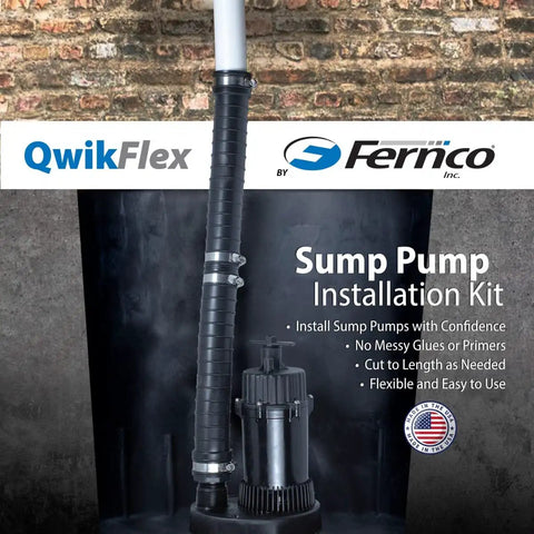 Image of QwikFlex 24 Inch Threaded Sump Pump Check Valve Installation Kit For Offset Or Hard To Reach One And A Half Inch Pipe Connections Easy Quick Fit No Fuss No Mess with flexible couplings and sump pump label.
