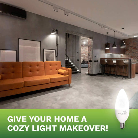Living room illuminated by Energy Saving 4.5W Dimmable LED Candle Bulbs E12 C37 3000K Soft White 325 Lumens
