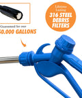 Blue nozzle of a Heavy Duty Electric Drum Pump used for transferring fluids efficiently with steel debris filter.