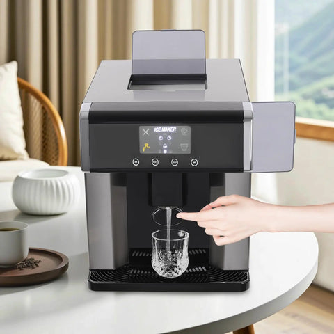 Dual Action Countertop Ice Maker And On Tap Cold Water Dispenser With Smooth Lcd Controls For Rapid Bullet Cube Crafting in use.