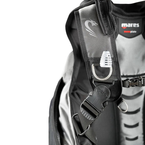 Close-up of Dragon SLS Weight System BCD for Scuba Diving with high lift and durable 420D Cordura featuring a secure strap and buckle.