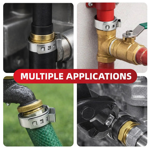 250 Piece Single Ear Hose Clamp Kit showing multiple applications in automotive, plumbing, and garden settings.