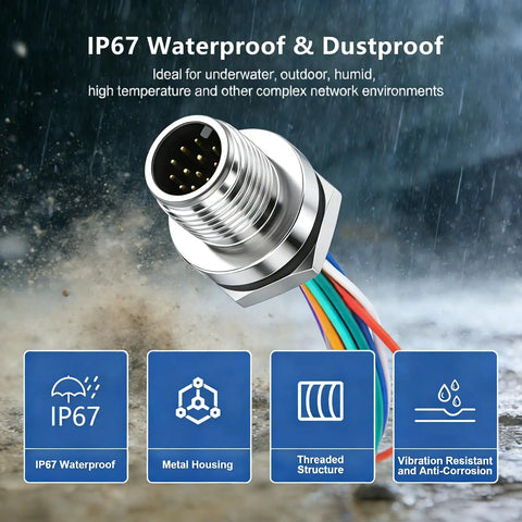 M12 12-Pin Panel Mount Connector 0.7ft Rugged IP67 Waterproof Industrial Circular Connector in wet environment