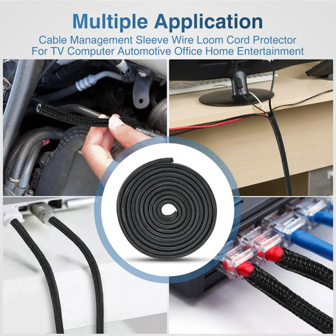 10ft Braided Cable Sleeve for DIY Cable Management One Quarter Inch Diameter Split Self Wrapping Wire Loom shown in various applications