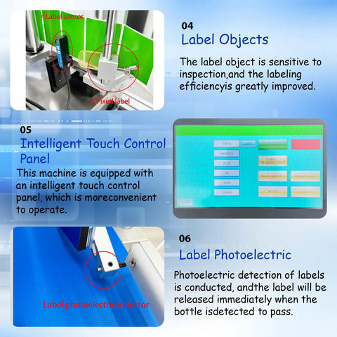 Labeling sensor and intelligent touch control panel of No Sweat Automatic Desktop Labeling Machine For Round Bottles High Speed Conveyor.