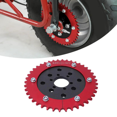 Heavy Duty Split Sprocket Hub Adapter Fits Baja Massimo Mini Bike Go Kart 42 Tooth Gear Replacement For 6.5 HP Engine Swap installed on bike wheel.
