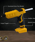 100W Cordless Hot Glue Gun Works With 20V Max Battery Tool Only High Temp Glue Gun With Fast Preheat 3 To 5 Minutes Includes 20 Full Size Glue Sticks Great For Arts Crafts DIY Festival Decor School Home Repair showing insulated nozzle and rubber handle