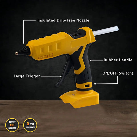 100W Cordless Hot Glue Gun Works With 20V Max Battery Tool Only High Temp Glue Gun With Fast Preheat 3 To 5 Minutes Includes 20 Full Size Glue Sticks Great For Arts Crafts DIY Festival Decor School Home Repair showing insulated nozzle and rubber handle
