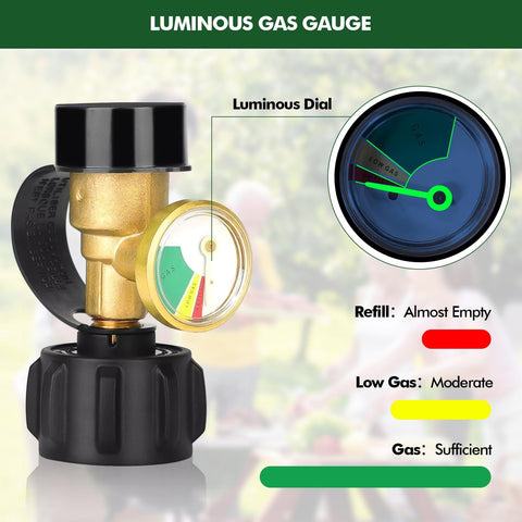 2 Pack Propane Tank Level Gauge Indicator For LP Tanks 5Lb To 40Lb with QCC1 Type Leak Detector showing luminous gas gauge