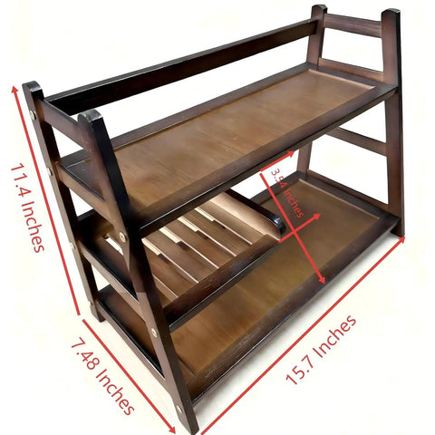 3 Tier Bamboo Matcha Station Organizer For Kitchen Countertop And Tea Bar, brown three-tier shelf with measurements shown