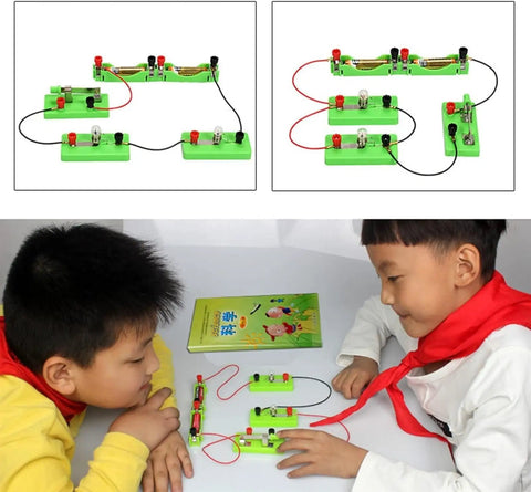 Hands-On Series And Parallel AA Battery Box Kit With Switch Wires And Light Bulb For Simple Circuits, Physics Experiments, STEM Classroom Lab, Safe Electricity Education For Kids And Students with children building circuits