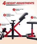 2 In 1 Roman Chair And Preacher Curl Bench For Home Gym showing adjustment positions for seat, curl pad, and foot holders.