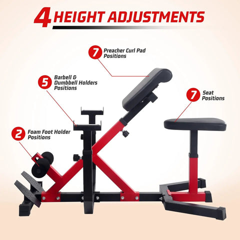 2 In 1 Roman Chair And Preacher Curl Bench For Home Gym showing adjustment positions for seat, curl pad, and foot holders.