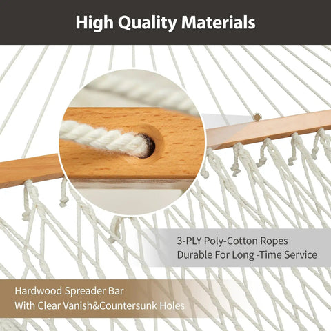 Close-up of Outdoor Double Hammock With Hardwood Spreader Bars, showcasing rope detail and hardwood bars with clear varnish.