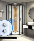 Rock Solid Brass Shower Control Valve Featuring Ceramic Cartridge Adjustable Temp Safety Switch Multi Port Diverter showcasing chrome knobs in a modern shower.