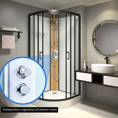 Rock Solid Brass Shower Control Valve Featuring Ceramic Cartridge Adjustable Temp Safety Switch Multi Port Diverter showcasing chrome knobs in a modern shower.