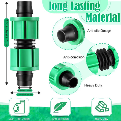 Close-up of Drip Irrigation Coupling Kit with 5/8 inch connector, highlighting dimensions, anti-slip, and heavy-duty features.