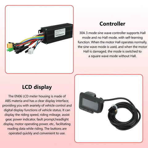 Electric Bike Controller LCD Display Kit For 24V 36V And 48V Systems 1000W To 1500W Motors 30A Sine Wave Controller With EN06 LCD Plug And Play All In One Complete Kit For E Bikes And Scooters Three Mode Operation