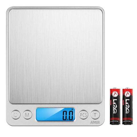 Digital Kitchen Scale With 3000G Capacity And One Hundredth Ounce And One Tenth Gram Precision Pocket Coffee Scale Mini Food Scale For Jewelry Pro Backlit LCD Display Tare And PCS Functions Stainless Steel Batteries Included, showing stainless steel surface and blue LCD with batteries.