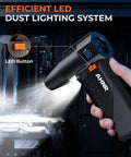 High Power 160,000 RPM Electric Air Duster Blower With Brushless Motor, cordless, shown with LED light, in use at computer.