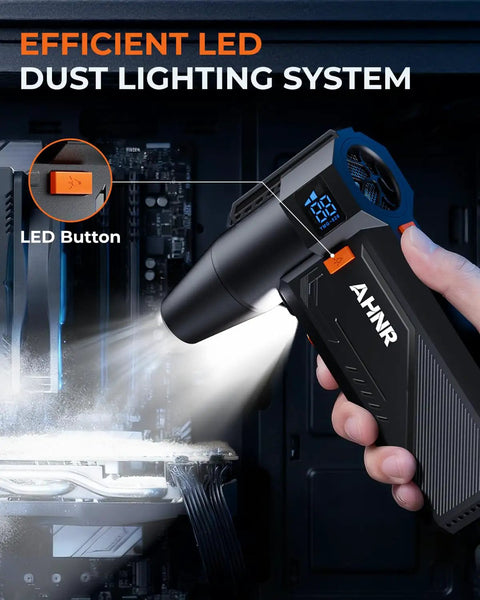 High Power 160,000 RPM Electric Air Duster Blower With Brushless Motor, cordless, shown with LED light, in use at computer.
