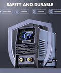 Beefy 50 Amp Plasma Cutter with Dual Voltage 110V to 220V, LED screen, front view, safety features displayed.