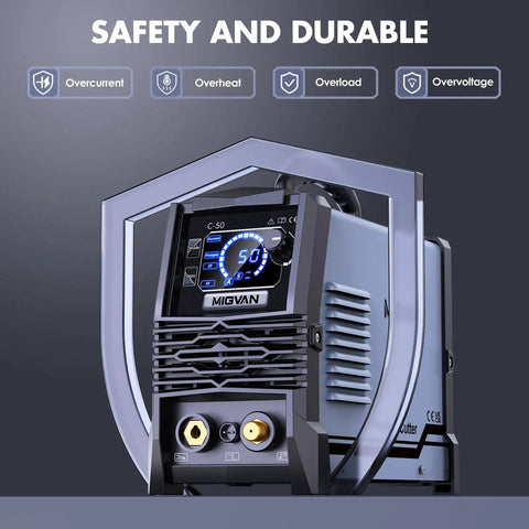 Beefy 50 Amp Plasma Cutter with Dual Voltage 110V to 220V, LED screen, front view, safety features displayed.