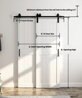 Big Time Space Saver Bypass Barn Door Hardware Kit For 28 By 84 Inch Double Sliding Doors with installation measurements.
