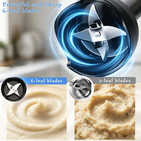 Heavy-Duty 8-In-1 Immersion Blender, 1200W Beast Mode Motor With 5 Speeds, showcasing 6-leaf blades and creamy mashed texture.