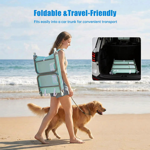 Woman carrying Reclining Beach Lounge Chair With Flat Lay Sunbathing Position, Folding Camping Cot With Backpack Straps, Portable Outdoor Chair For Beach Or Picnic, Lawn, Side Pockets For Drinks And Gear along a beach with a dog, inset shows chair folded in car trunk.