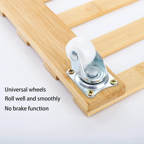 Close-up of wheel on Three Pack Bamboo Plant Caddies with Rolling Wheels, 12 Inch Square Plant Stands on Universal 360 Degree Rotating Dollies.