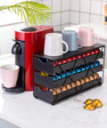 Three Tier Nespresso Vertuo Pod Drawer Holder Keeps 60 Pods Organized Space Saving Coffee Capsule Rack next to red coffee machine