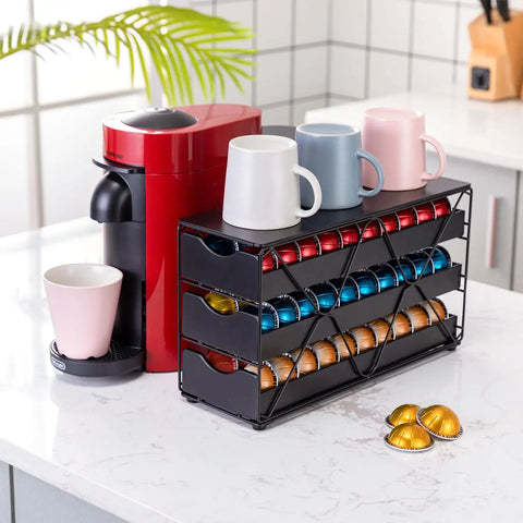Three Tier Nespresso Vertuo Pod Drawer Holder Keeps 60 Pods Organized Space Saving Coffee Capsule Rack next to red coffee machine