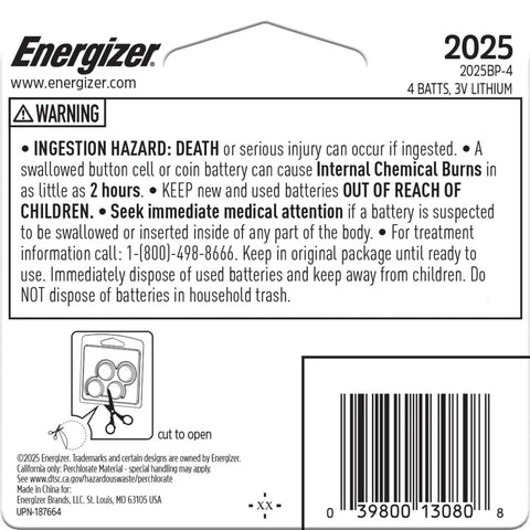 Solid 2025 Lithium Coin Batteries 4 Pack warning label detailing safety hazards and usage instructions for children.
