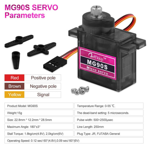 9g Micro Servo Motor With Metal Gear Pack Of 2 showing MG90S model specifications and wiring details