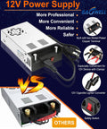 110V AC To 12V DC Power Converter 600W 50A SMPS Transformer Universal device with plug, clamps, and safety switch