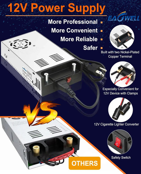 110V AC To 12V DC Power Converter 600W 50A SMPS Transformer Universal device with plug, clamps, and safety switch