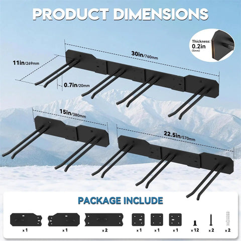 Dimensions of Heavy Duty Ski Wall Mount Rack For Garage And Home Badass Modular Storage System with hooks and thickness details.