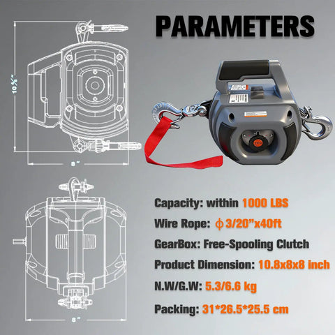 Diagram and photo of Portable Drill Winch 1000 Lb Pulling Capacity With 40 Foot Alloy Steel Wire Rope Lightweight 11 Lb Hand Winch